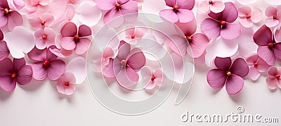 Pink flowers on blurred backgroundvalentines, mothers, womens day conceptflat lay with copy space Stock Photo