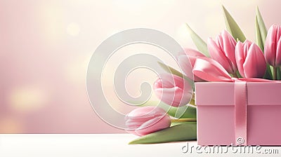 Pink flowers bouquet. Spring tulips with gift box over dreamy bokeh light background Stock Photo