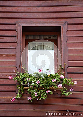Pink flowers in brown window Stock Photo