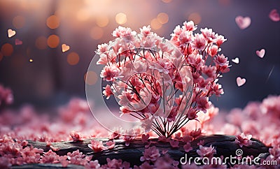 Pink flowers, cherry blossoms or sakura heart shapes on petals. beautiful heart bokeh nature background. Generative Ai. Stock Photo