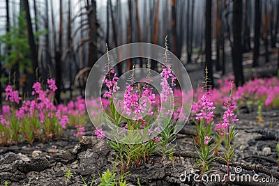 Pink flowers fireweed resiliently blooming in a post-wildfire landscape, a symbol of hope and regeneration amidst Stock Photo