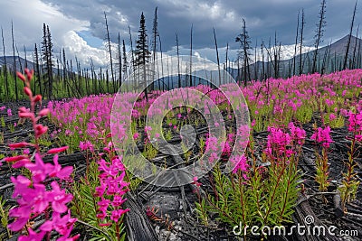 Pink flowers fireweed resiliently blooming in a post-wildfire landscape, a symbol of hope and regeneration amidst Stock Photo