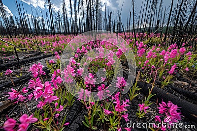 Pink flowers fireweed resiliently blooming in a post-wildfire landscape, a symbol of hope and regeneration amidst Stock Photo