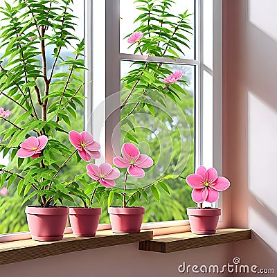 Pink flowers on a flower pot over a shelf next to a window with great views Stock Photo