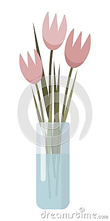 Pink flowers in a glass vase. Tulips in vase with water. Minimalistic illustration with abstract flowers. Vector Vector Illustration