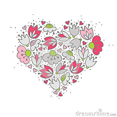 Pink flowers and hearts on white romantic centerpiece Vector Illustration