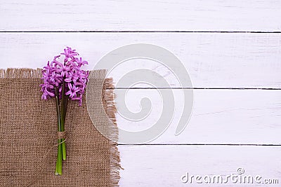 Pink flowers hyacinths on white wooden table, top view Stock Photo