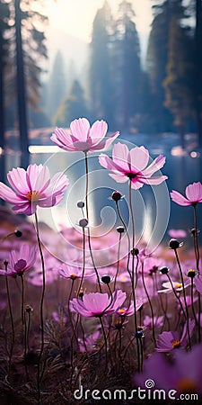 Romantic Cosmos Flowers Blooming Near A Lake With Ethereal Light Stock Photo