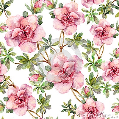 Pink flowers. Seamless floral repeated template. Hand painted watercolor on white background Stock Photo