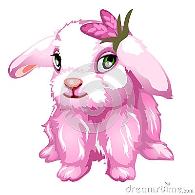 Pink fluffy Bunny with green eyes. Vector Vector Illustration