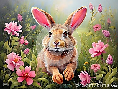 pink forest rabbit In the flower meadow. Stock Photo