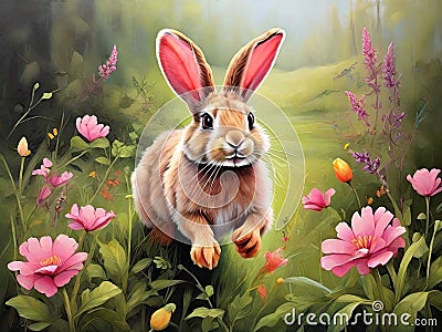 pink forest rabbit In the flower meadow. Stock Photo