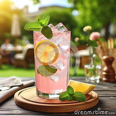 Pink fresh lemonade cocktail, lemon slices, raspberries, ice and sugar, water, drink concept Stock Photo