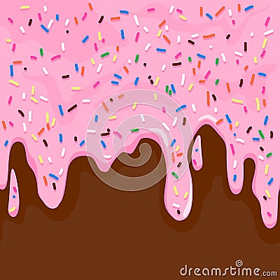 Pink frosting with colorful sprinkles dripping on chocolate background. Vector illustration Vector Illustration