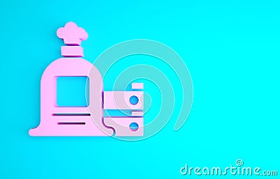 Pink Full sack and wooden box icon isolated on blue background. Minimalism concept. 3d illustration 3D render Cartoon Illustration