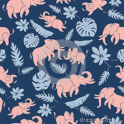 Pink funny elephants on a dark blue background - seamless Vector Illustration