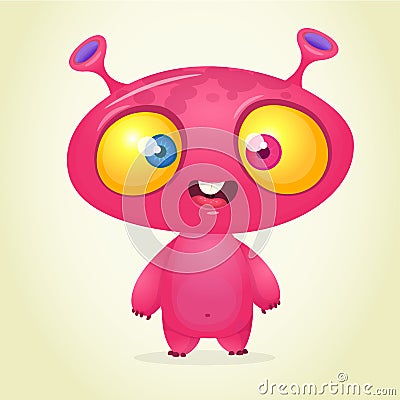 Pink funny happy cartoon alien. Green vector alien character Vector Illustration