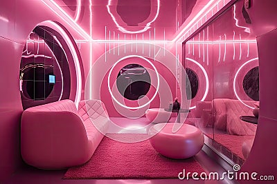 pink futuristic room, with holographic projections and technological advances Stock Photo