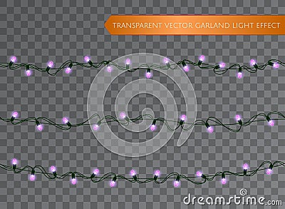 Pink garland set, Christmas decoration lights effects. Isolated transparent vector design elements. Glowing lights for Vector Illustration