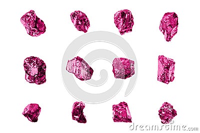 Pink gem stones white background isolated close up, raw gemstones, mineral samples, amethyst, sapphire, topaz, spinel, tourmaline Stock Photo