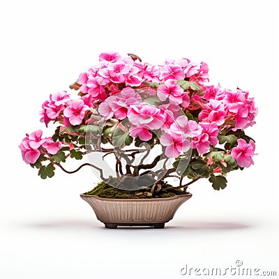 Pink Geranium Bonsai Plants: Vibrant Flowers On White Background Stock Photo