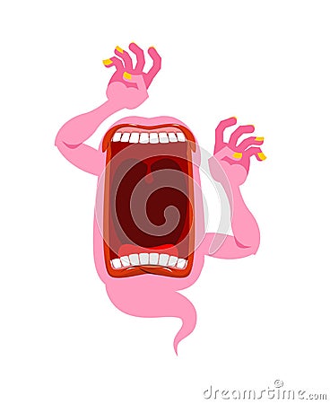 pink ghost. Scary spook. Horrible ghost frightening screams. Phasing monster with an open mouth. Wild howl. Vector Illustration