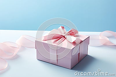 Pink gift box with pink bow isolated on blue background, New year and Valentine present promotion offer concept. Generative AI Stock Photo