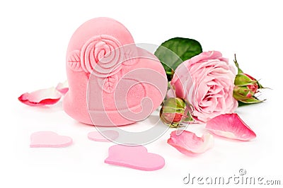 Pink gift box with a rose and petals Stock Photo