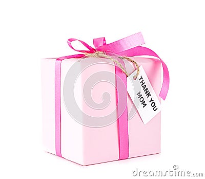 Pink gift box with thank you mom tag on white Stock Photo