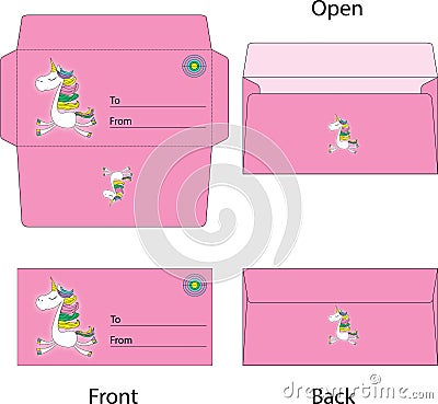 Pink gift envelope mockup, with pony and rainbow Stock Photo