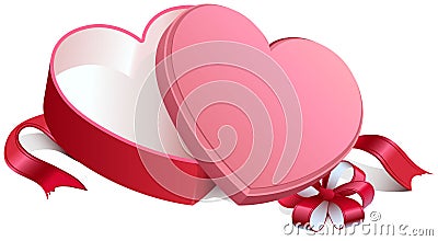 Pink gift open box in heart shape. Gift open box tied with bow Vector Illustration