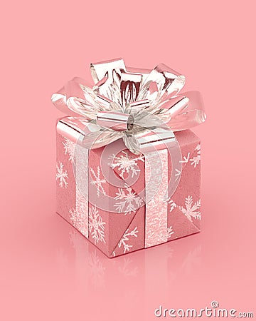 Pink giftbox with shiny silver bow and ribbons Stock Photo