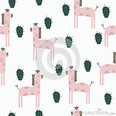 Pink Giraffes seamless pattern Vector Illustration
