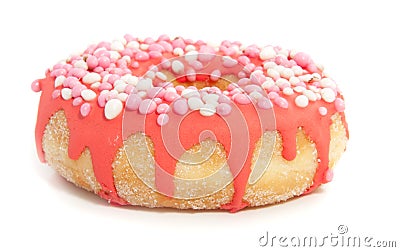 A pink glazed donut with colorful mice on top Stock Photo