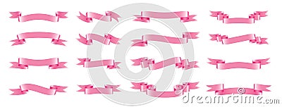 Pink glossy satin ribbon set rose curl tape banner Vector Illustration