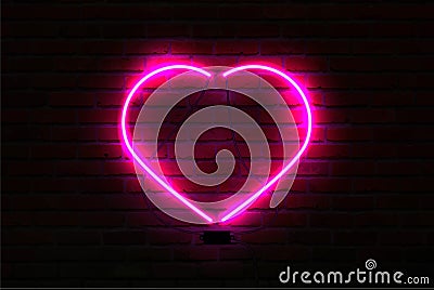 Pink glowing neon heart on brick wall background Vector Illustration