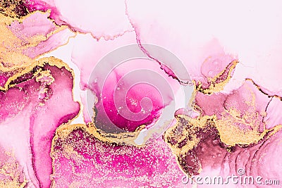 Pink gold abstract background of marble liquid ink art painting on paper . Stock Photo