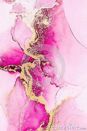 Pink gold abstract background of marble liquid ink art painting on paper . Stock Photo