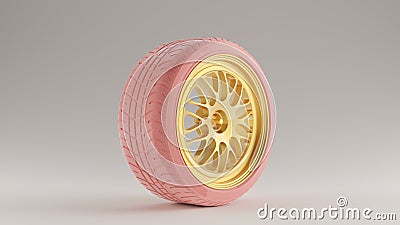 Pink an Gold Alloy Rim Wheel with a Complex Multi Spokes Design with Pink Racing Tyre Cartoon Illustration