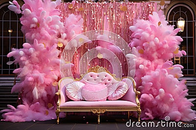 Pink and Gold Carnival Extravaganza: Feathers, Glitter, Posh Party Stage Stock Photo