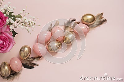 Pink and Gold Easter Eggs. Pastel Easter Concept with Eggs, Flowers and Feathers. Punchy Pastels Stock Photo