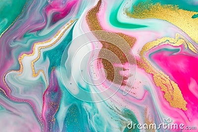 Pink, gold and green mixed inks spilled on white paper background. Golden glitter texture. Stock Photo