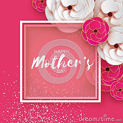 Pink Gold Happy Mothers Day Greeting card. Women`s Day. Paper cut flower. Origami Beautiful bouquet. Square frame. text. Vector Illustration