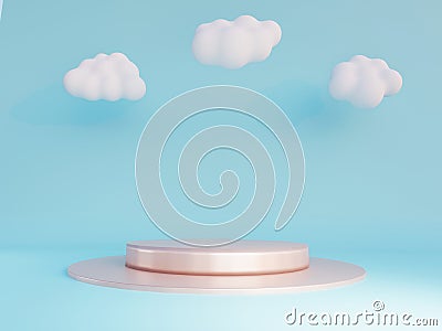 Pink gold podium with white clouds. Minimal pedestal in blue background. Stock Photo