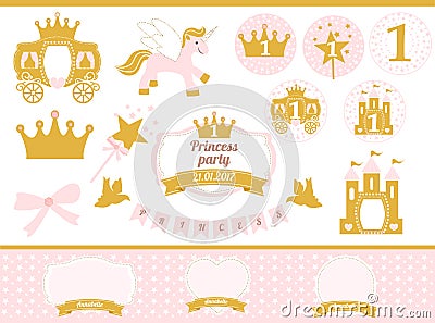 Pink and gold princess party decor. Cute happy birthday card template elements. Vector Illustration