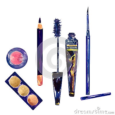Pink and golden brown colors palette eye shadows, black make up pencil, mascara open tube and liquid liner, isolated on white Cartoon Illustration