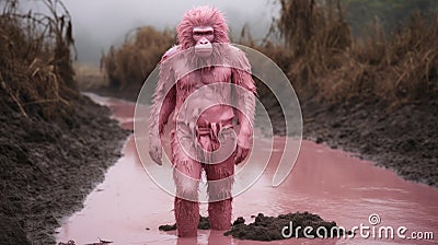 Pink Gorilla In The Mud: A Surreal Artistic Interpretation Stock Photo