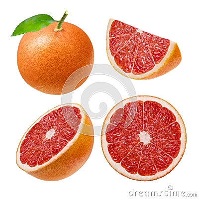 Pink grapefruit. Whole, slice, half, circle, isolated on white background. Clipping path Stock Photo