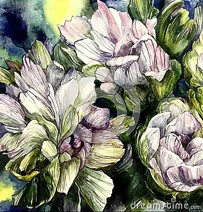 Lovely pink peonies flowers with lighting. Dreamy floral. Pink graphic flowers peonies bright watercolor illustration can be used Cartoon Illustration