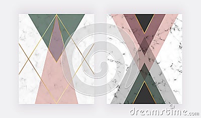 Pink and green geometric design with golden lines. Fashion design for banner, flyer, poster, wedding invitation, card. Stock Photo